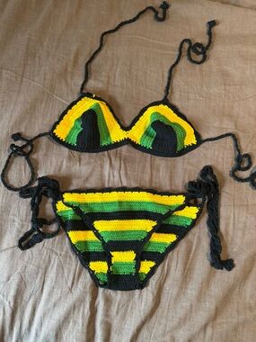 Handmade Jamaican Crochet Bikini in Black, Yellow & Green